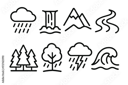 Nature Force Icons. Nature force icons in outline style: heavy rain, waterfall, mountain, river flow, forest, tree with rain, cloudburst, ocean wave.