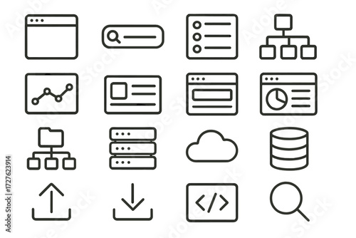 Digital Context Icons. Digital context icons in outline style: browser window, search bar, keyword list, sitemap, analytics board, content card, blog