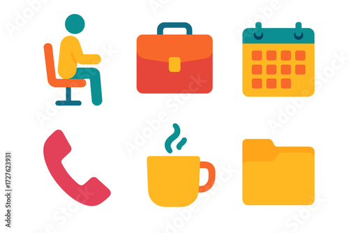 Modern Office Icons. Office icons in modern flat vector : sitting posture, briefcase, calendar, phone, coffee cup, folder