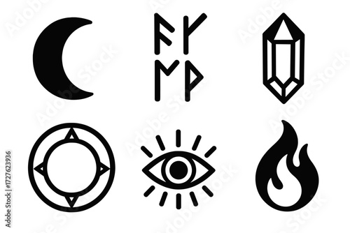 Mystic Symbol Icons. Mystic symbols set of icons in abstract flat : moon crescent, runes, crystal, spell circle, eye symbol, flame