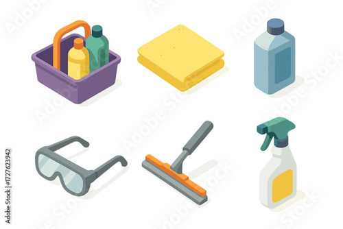 Isometric Cleaning Icon Set. Janitorial kit set icons in modern isometric flat : caddy tray, cleaning cloth, liquid bottle, safety goggles, squeegee,