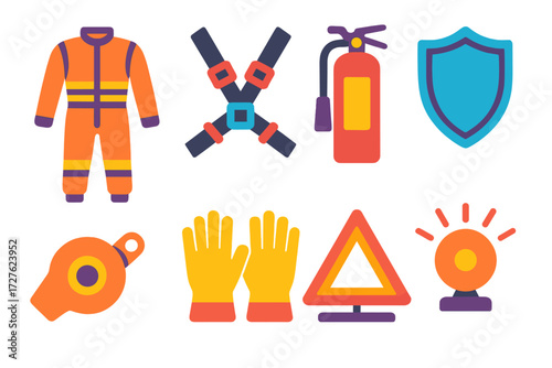 Safety Gear Icons. Safety equipment in modern flat vector : racing suit, seatbelt, fire extinguisher, shield, whistle, gloves, warning triangle, alarm