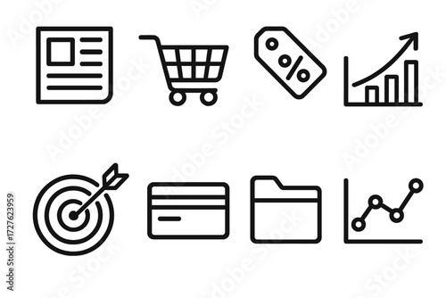 Marketing Icons Collection. Marketing icons icons in outline style: newsletter, shopping cart, discount tag, rising graph, target dart, credit card,