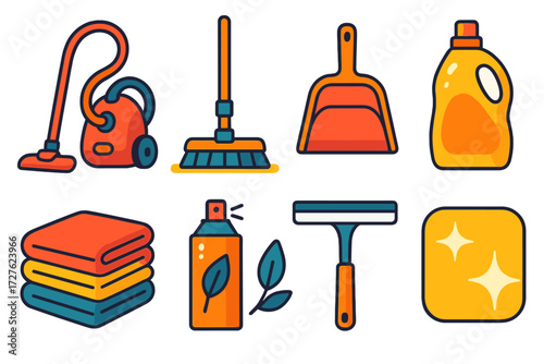 Colorful Cleaning Essentials. Household cleaning in modern flat vector : vacuum cleaner, mop, dustpan, detergent bottle, folded towels, air freshener,