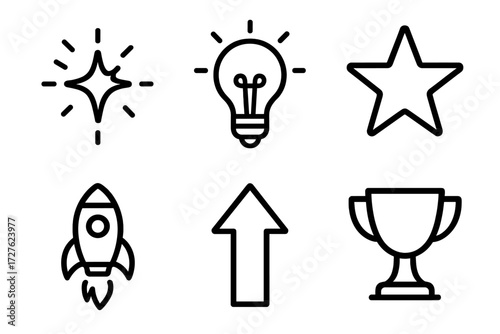 Motivational Icons Collection. Inspiration icons in outline style: motivation spark, lightbulb, star, rocket, upward arrow, trophy