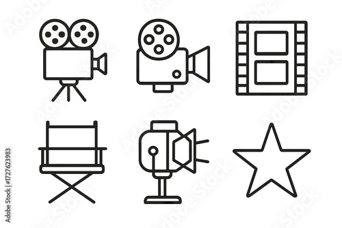Cinema Icon Set. Cinema history icons in outline style: vintage camera, projector, filmstrip, director chair, spotlight, classic star