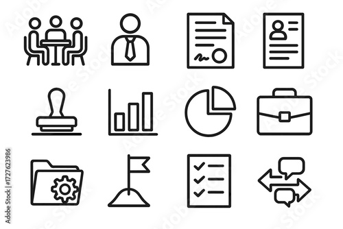 Workplace Icon Set. Workplace conflict talk icons in outline style: meeting table, supervisor figure, contract paper, report sheet, approval stamp,