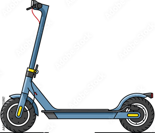 Vector illustration of modern electric scooter with blue frame, black tires, yellow accents, urban transport design, and personal mobility device.