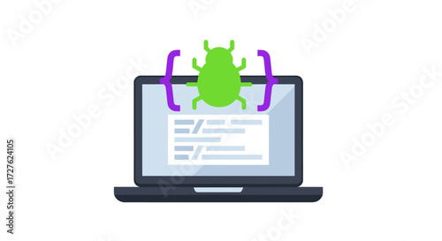 Laptop with a Green Bug Representing a Code Error.