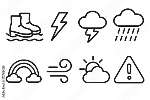 Weather Icons Collection. Weather effects icons in outline style: soaked shoes, lightning bolt, storm cloud, heavy rain, rainbow, wind swirl, sun