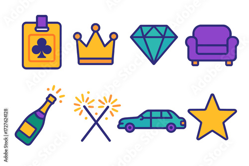 Vibrant VIP Icons. VIP symbols in modern flat vector : club pass, crown, diamond, sofa lounge, champagne bottle, sparklers, limo car, star.