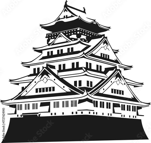 Vector illustration of traditional Japanese castle with layered roofs, ornate gables, strong foundation, historic architecture, black and white silhouette design.