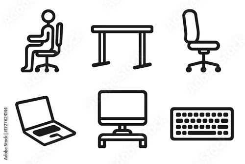 Ergonomic Setup Icons. Ergonomic setup icons in outline style: sitting posture, desk, chair, laptop, monitor stand, keyboard