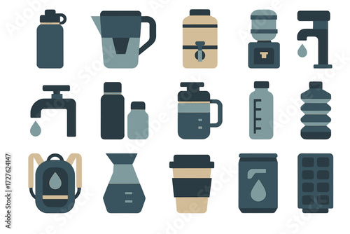 Hydration Icon Set. Hydration tools set of icons in abstract flat : reusable bottle, filtered pitcher, cooler jug, water dispenser, tap faucet,