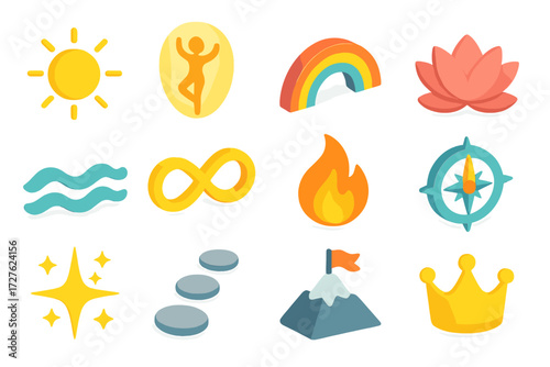 Symbolic Dance Icons. Symbolic dance joy set icons in modern isometric flat : radiant sun, glowing aura, rainbow arc, lotus flower, harmony wave,