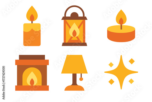Cozy Lighting Icons. Cozy glow set of icons in abstract flat : lit candle, lantern, tea light, fireplace, warm lamp, sparkle
