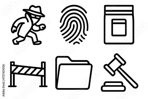Crime Scene Icons. Crime scene icons in outline style: sneaky shadow, fingerprint, evidence bag, caution tape, folder, gavel