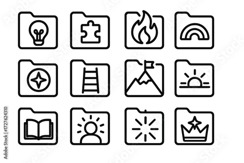 Creative Icon Collection. Creative plan folder icons in outline style: lightbulb idea, puzzle piece, storytelling flame, rainbow arc, guiding compass