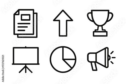 Presentation Icons Set. Presentation icons in outline style: project brief, upward arrow, trophy, slide, pie chart, megaphone