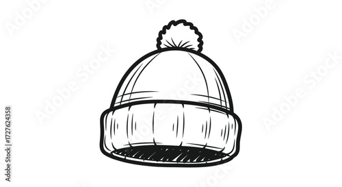 Hand-drawn illustration of a warm winter beanie hat with pompom.