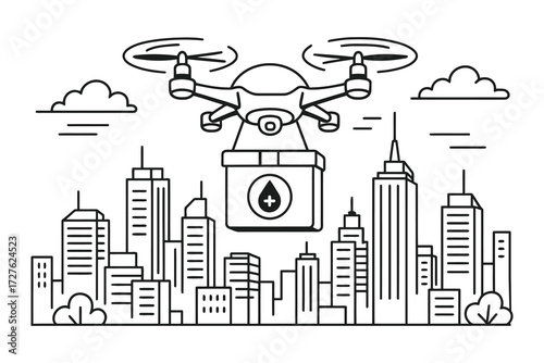 Drone delivery service flying over a city skyline with package