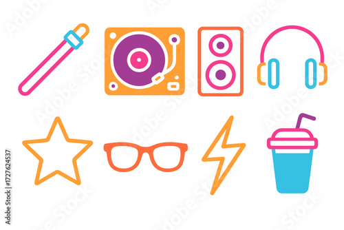 Neon Rave Icons. Rave vibes in modern flat vector : glow stick, DJ turntable, speaker, headphones, neon star, sunglasses, lightning bolt, drink cup.