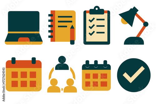 Work Session Icons. Work session blocks set of icons in abstract flat : laptop, notebook, pencil, checklist board, desk lamp, calendar page, meeting