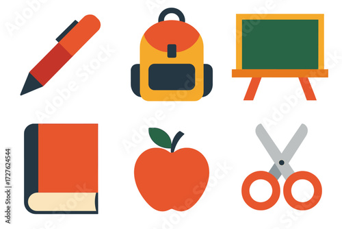 School Icon Set. School supplies set of icons in abstract flat : red pen, backpack, chalkboard, book, apple, scissors