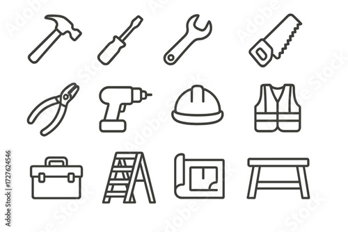 Construction Tools Icons. Construction tools icons in outline style: hammer, screwdriver, wrench, saw, pliers, drill, hard hat, safety vest, toolbox,