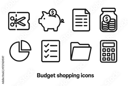 Budgeting Icon Set. Budget shopping icons in outline style: coupon clip, piggy bank, budget sheet, coin jar, pie chart, checklist, folder, calculator