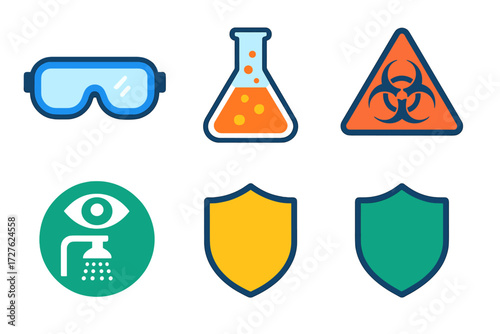 Lab Safety Icons. Lab essentials in modern flat vector : goggles, conical flask, safety symbol, hazard triangle, eye wash, shield