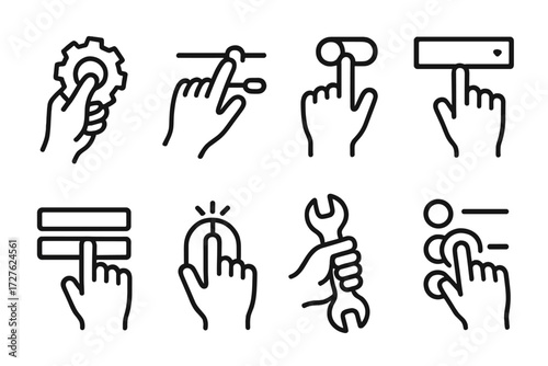 Gesture Icon Set. Gestures icons in outline style: hand turning gear, hand sliding control, hand flipping switch, hand tapping dropdown, hand