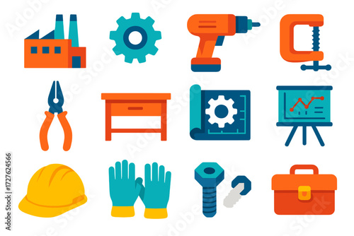 Modern Mechanical Repair Icons. Mechanical repair in modern flat vector : factory building, machine part, drill, clamp, pliers, workbench, blueprint,