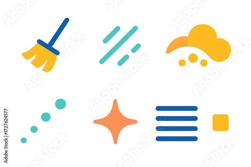 Minimalist Sweep Icons. Minimalist sweep symbols in modern flat vector : diagonal broom, dashed motion line, sweeping arc, dotted trail, simple spark,