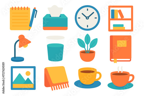 Counseling Essentials Icons. Counseling tools in modern flat vector : notepad, pen, tissue box, clock, bookshelf, lamp, water glass, potted plant,