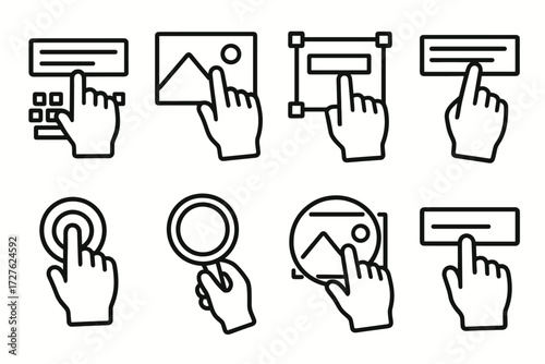 Gesture Icons Collection. Gestures icons in outline style: hand typing text, hand pointing at image, hand dragging text box, hand highlighting text,