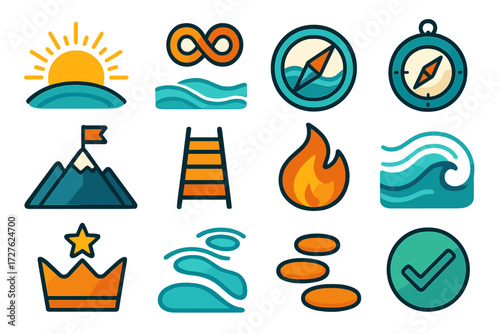 Iconic Symbols of Success. Symbolic sales boost in modern flat vector : sunrise horizon, radiant sun, glowing aura, infinity loop, harmony wave,