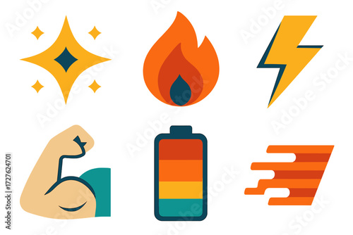 Energy Icon Set. Energy boost set of icons in abstract flat : motivation spark, flame, lightning bolt, strong arm, battery, speed lines