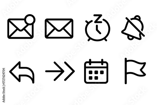 Triage Action Icons. Triage actions icons in outline style: unread badge, read envelope, snooze clock, mute bell, reply arrow, forward arrows, defer