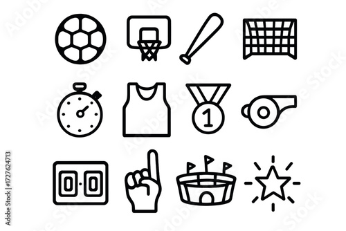 Sports Icon Set. Sports star goal icons in outline style: soccer ball, basketball hoop, baseball bat, goal net, stopwatch, jersey, medal, whistle,
