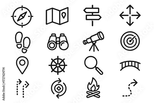 Navigation Icons Collection. Navigation tools icons in outline style: compass, map, signpost, arrow cluster, footprints, binoculars, telescope, radar
