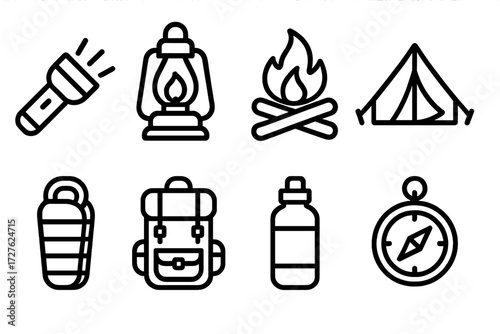 Camping Essentials Icons. Night essentials icons in outline style: flashlight beam, lantern, campfire, tent, sleeping bag, backpack, water bottle,