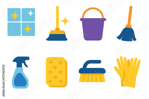 Vibrant Cleaning Icons. Clean floor icons in modern flat vector : sparkling tiles, mop with shine, mop bucket, broom, cleaning spray, sponge, scrub