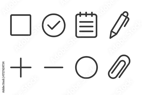 Minimalist Icon Set. Minimalist checklist visuals icons in outline style: square box, circle tick, lined notepad, pen, plus add symbol, minus remove