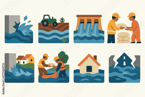Flood Icons Set. Situations set of icons in abstract flat : levee wall breaking, river flooding farmland, water rushing through dam, emergency