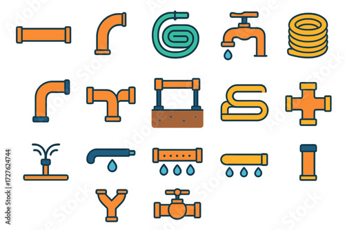 Vibrant Pipe Icons. Line basics in modern flat vector : straight pipe, curved pipe, water hose, coiled hose, jointed pipe, underground pipe, overhead