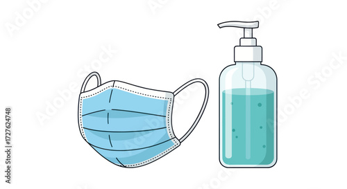 Blue surgical face mask and hand sanitizer bottle for hygiene.