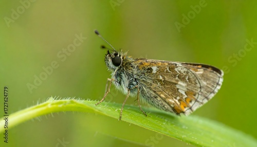 Small, mottled butterfly perches upon the edge of a vibrant green blade of grass