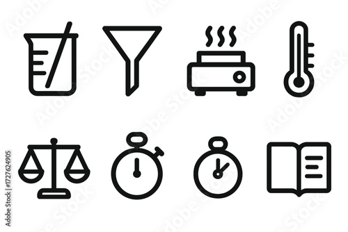 Lab Equipment Icons. Experiment setup icons in outline style: beaker with marks, stirring rod, funnel, hot plate, thermometer, balance scale,