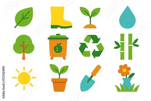Eco Icon Collection. Eco imagery with rain boots in modern flat vector : eco leaf, plant sprout, water droplet, tree, compost bin, recycling arrows,
